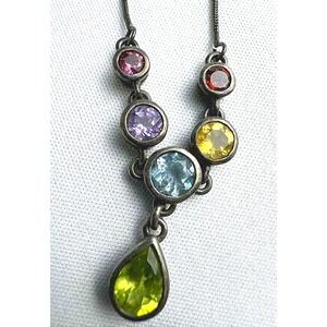 Sterling Silver Multi Gemstone Necklace Dainty Pear Drop Amethyst Topaz Y-drop